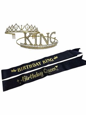 Birthday King and Queen Sash Set | Gold Tiara & Crown Black Glitter Sashes Adult